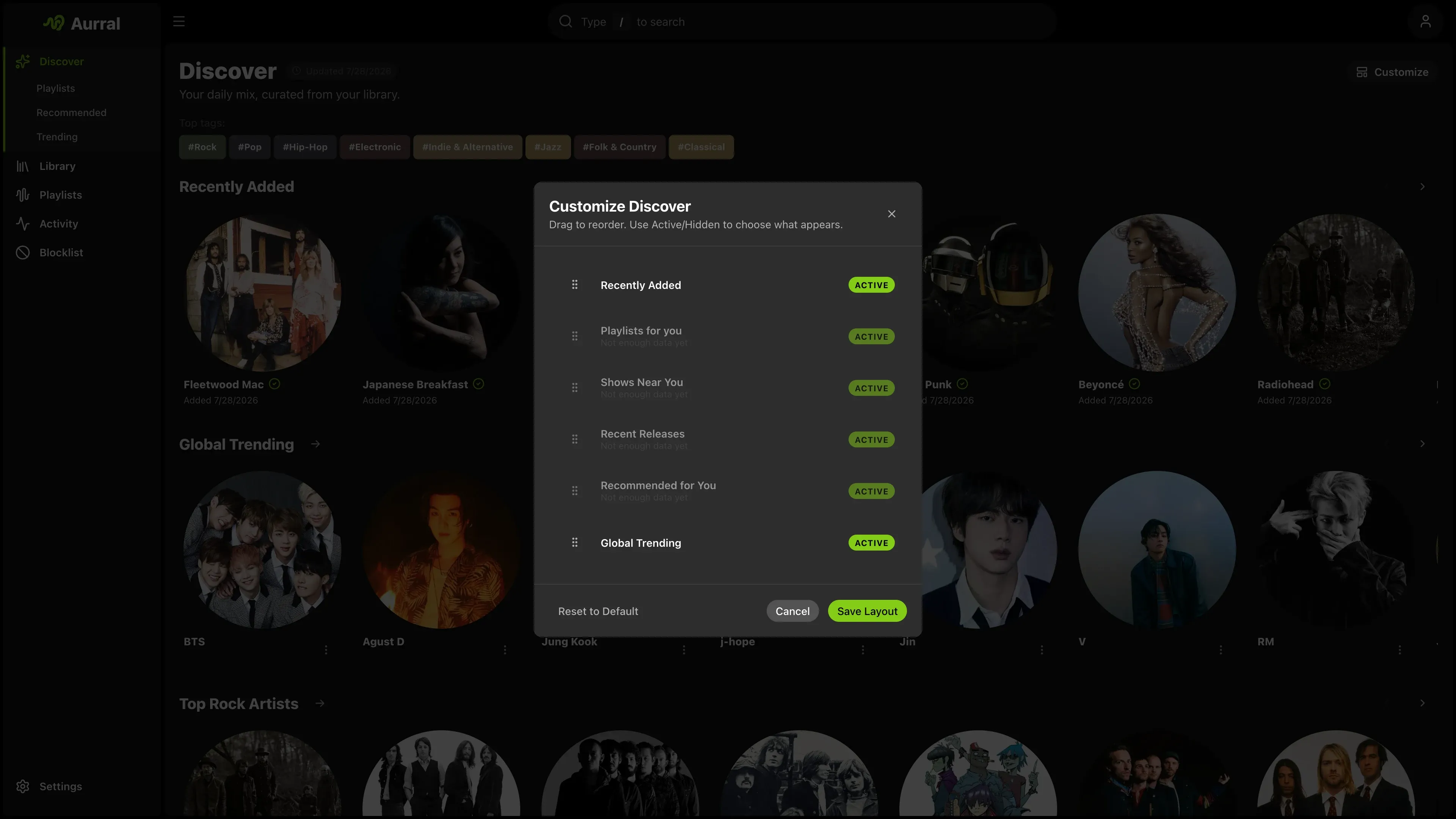 Aurral Discover layout customization