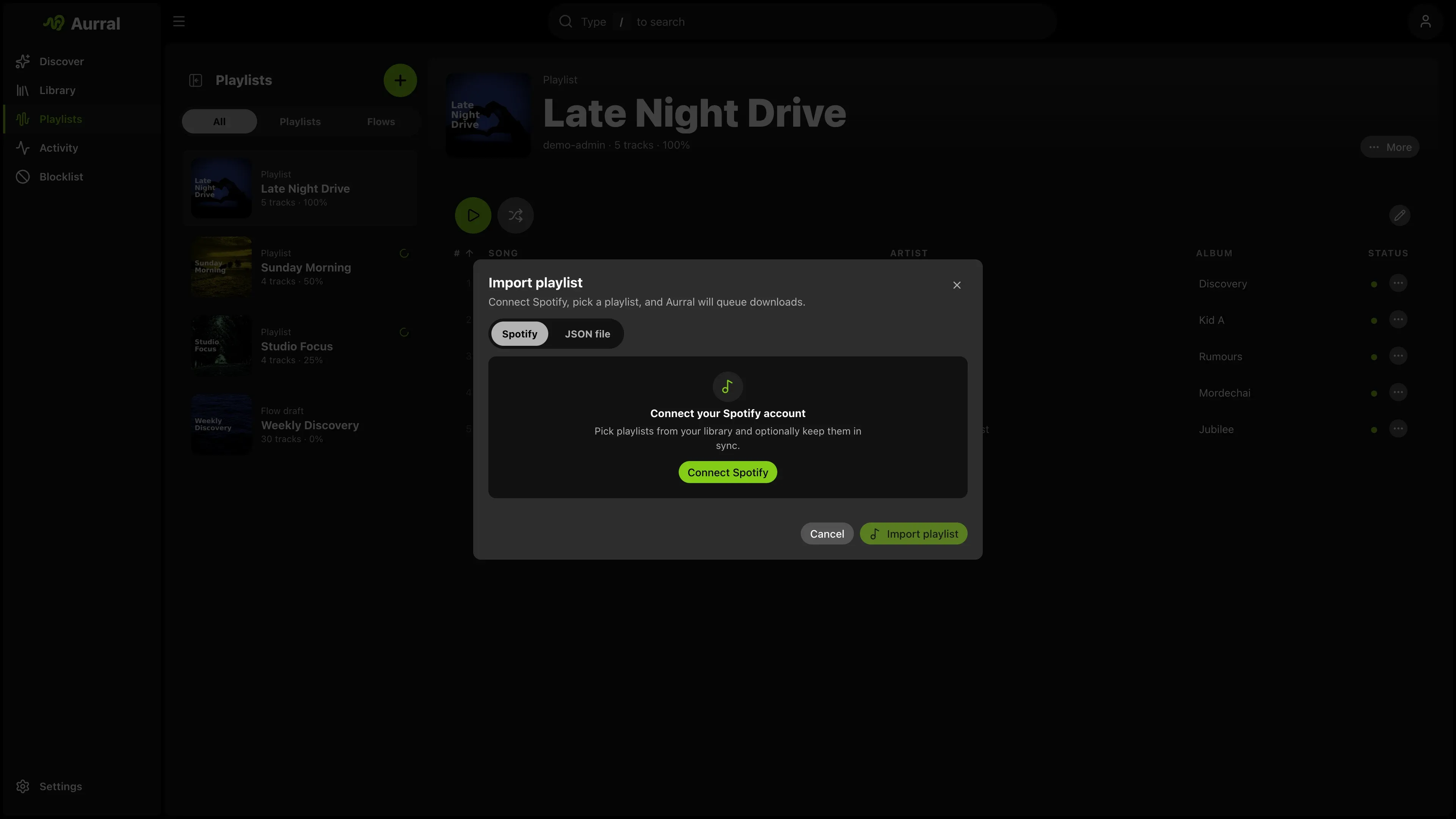 Aurral playlist import