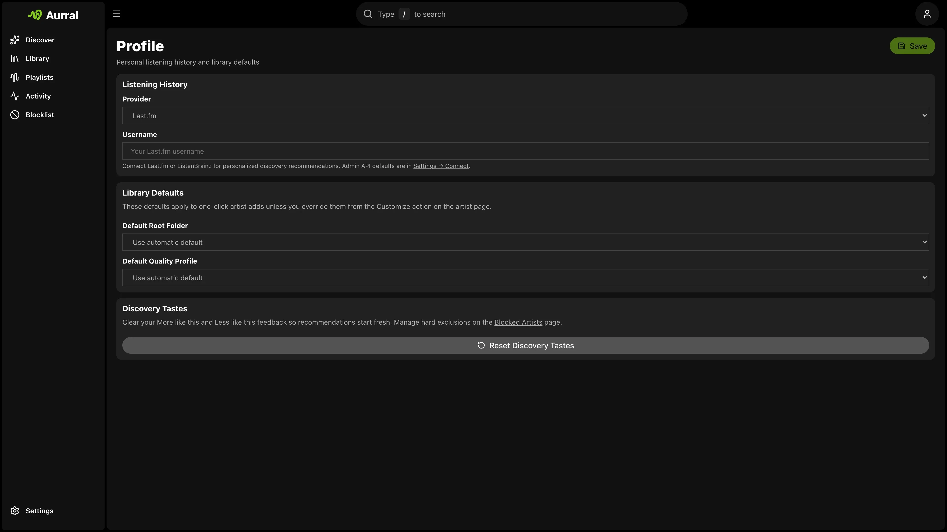 Aurral profile listening history
