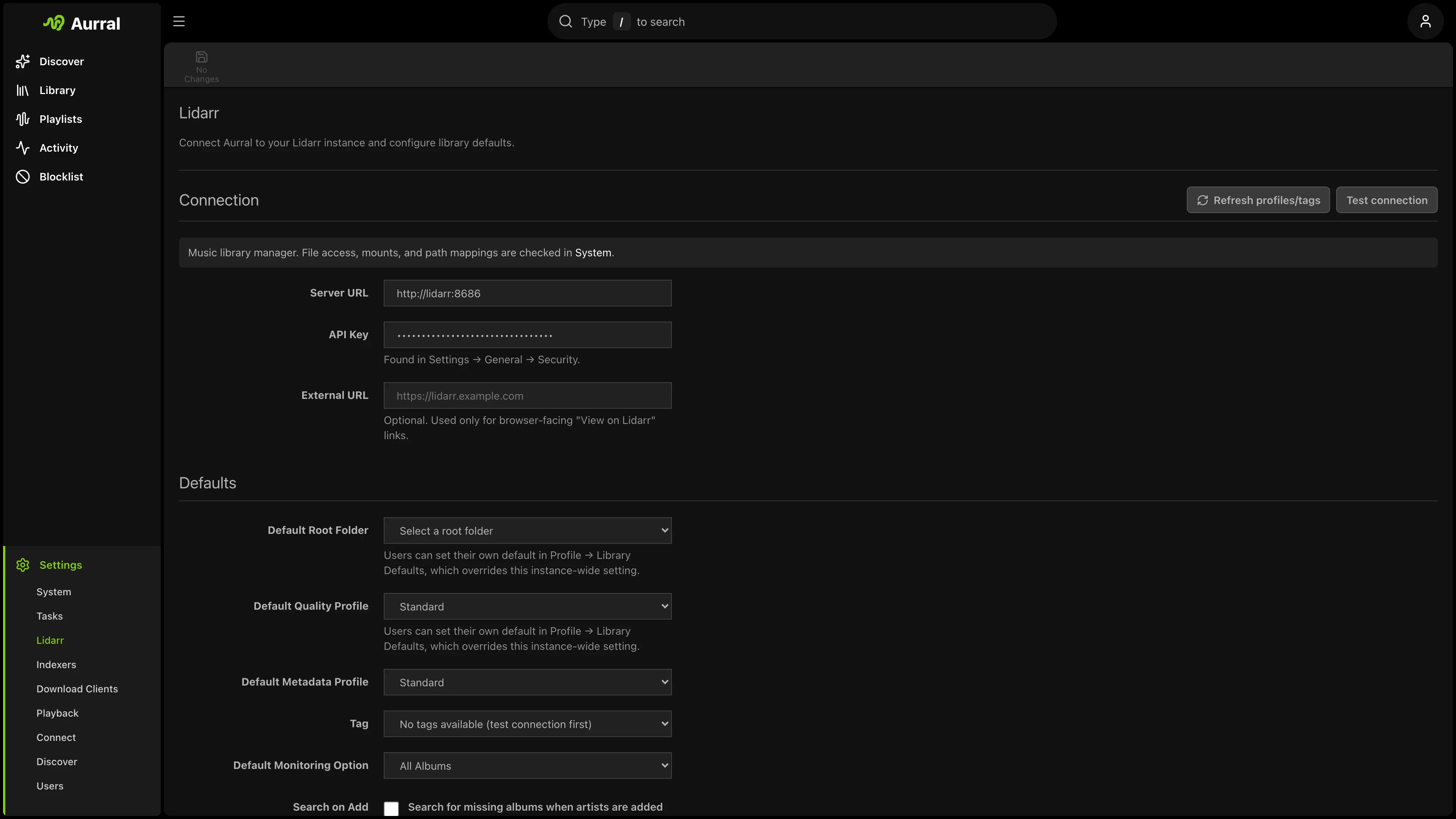 Aurral Lidarr integration settings