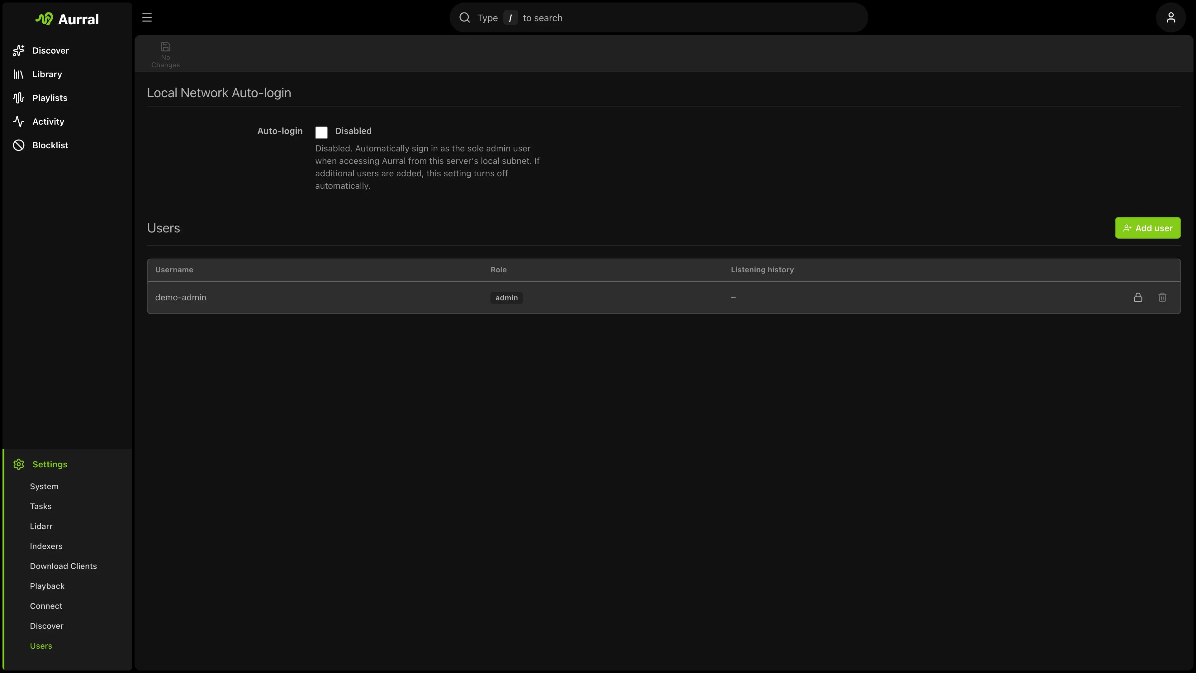 Aurral user settings