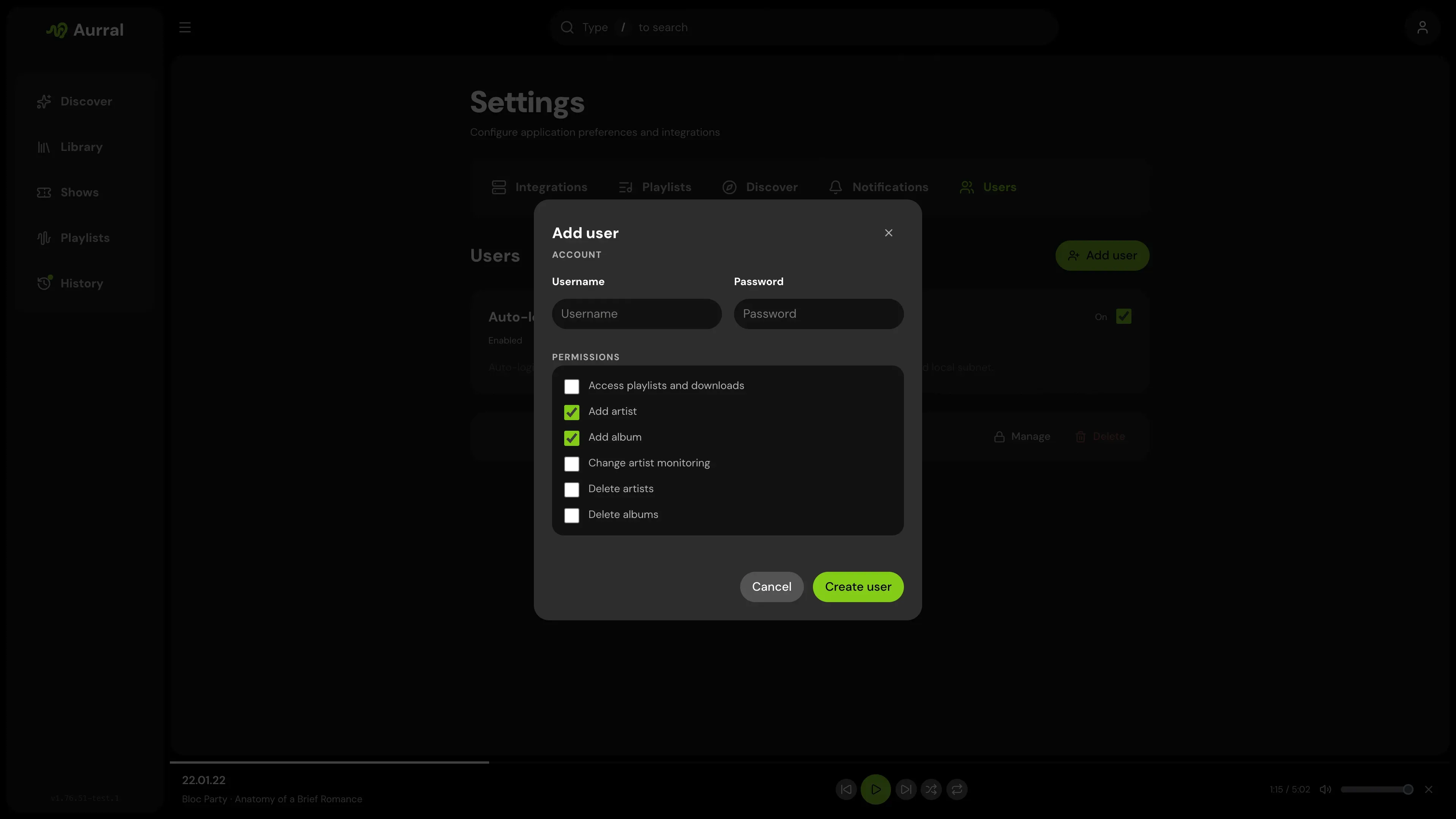 Aurral user settings